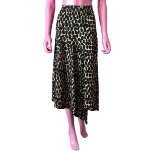 WhoWhatWear 10 Midi Skirt Spotted Print Black Tan Asymmetrical Handkerchief Hem